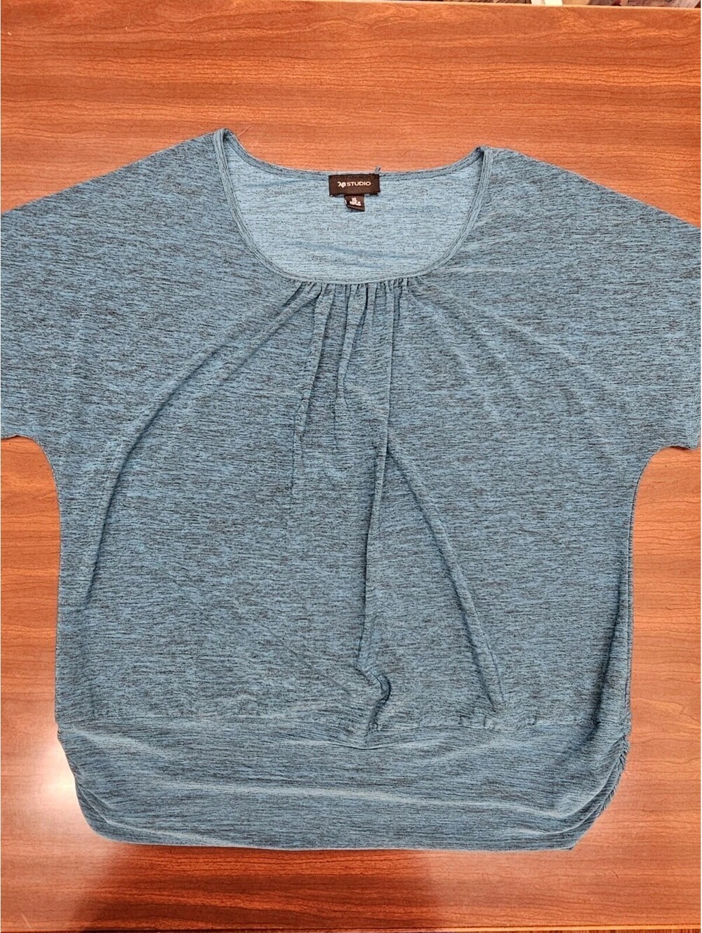 AB Studio Women's XL Teal Heather Short Sleeve Ruched Knit Business Casual Top